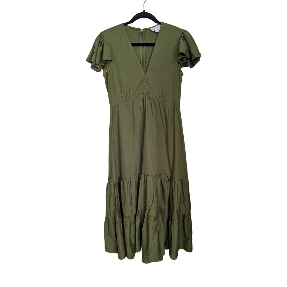 Sachin & Babi Cotton Tiered Flutter Sleeve Midi Dress Green Size 8 Anthropologie - Picture 3 of 10